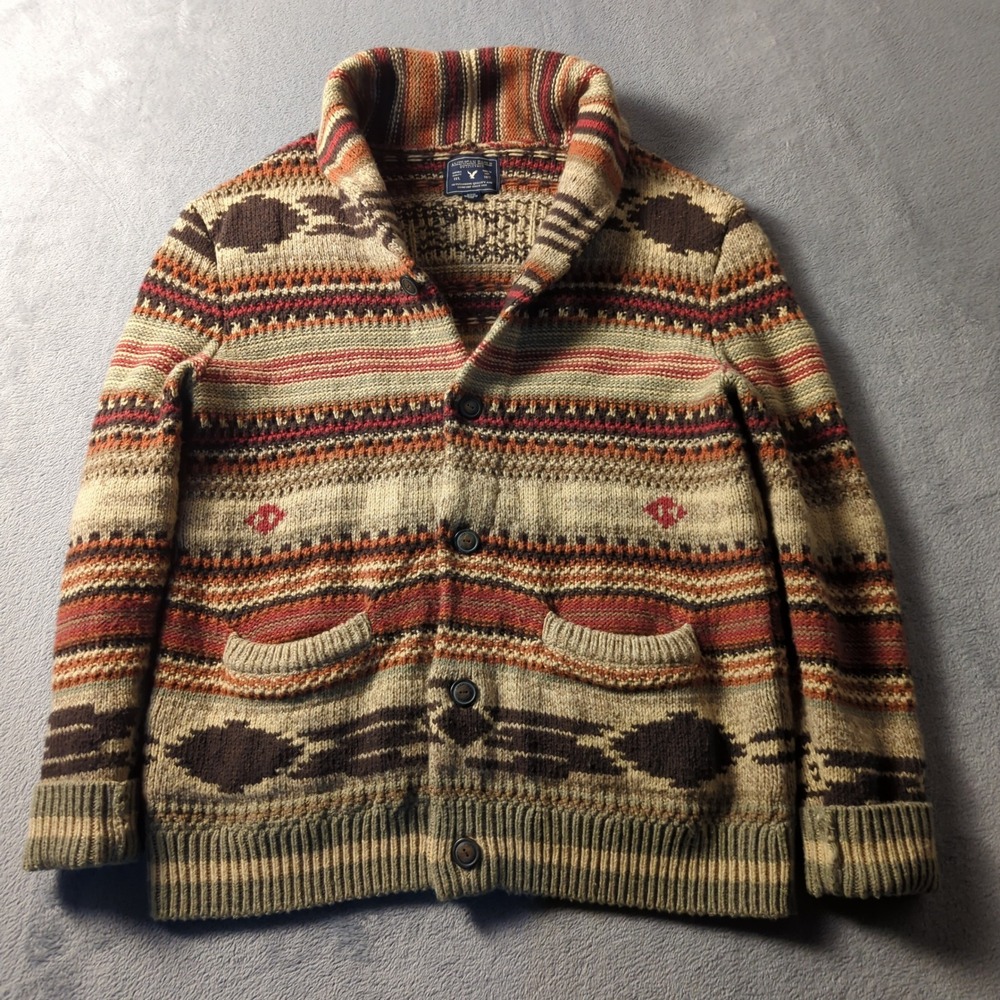 American Eagle Cardigan Sweater Medium Brown Red Chunky Aztec Shawl Collar